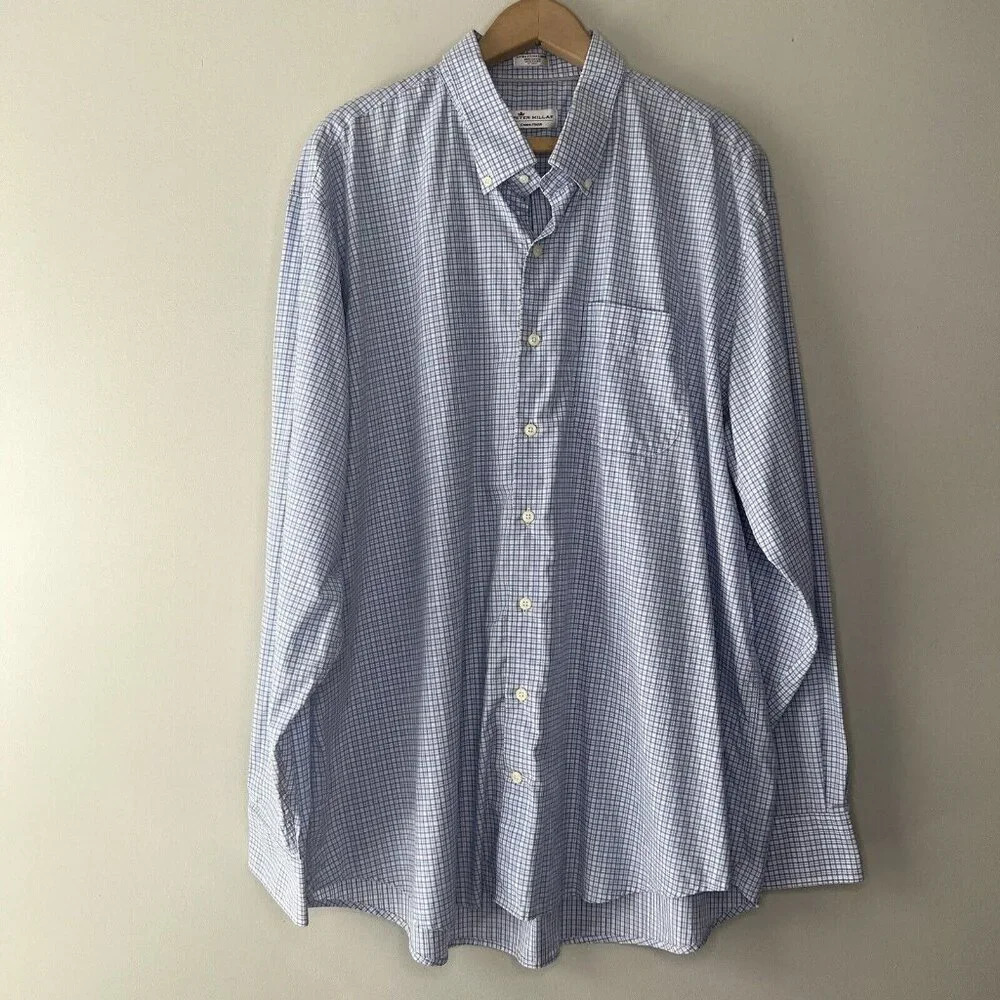 Peter Millar Plaid Button Down Shirt XXL Purple Blue White Business Dress Shirt
